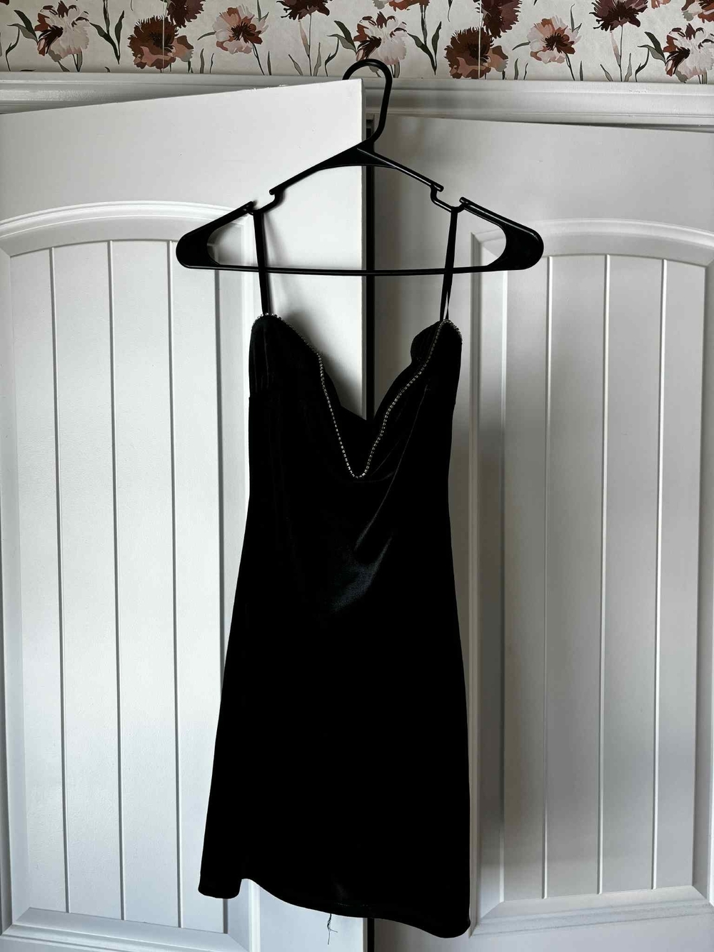 Black Velvet Slip Dress with Embellished Neckline